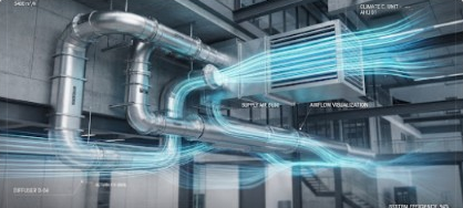 Industrial HVAC ductwork with visualized airflow