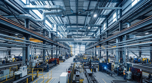 Industrial HVAC ductwork and ventilation in a modern facility